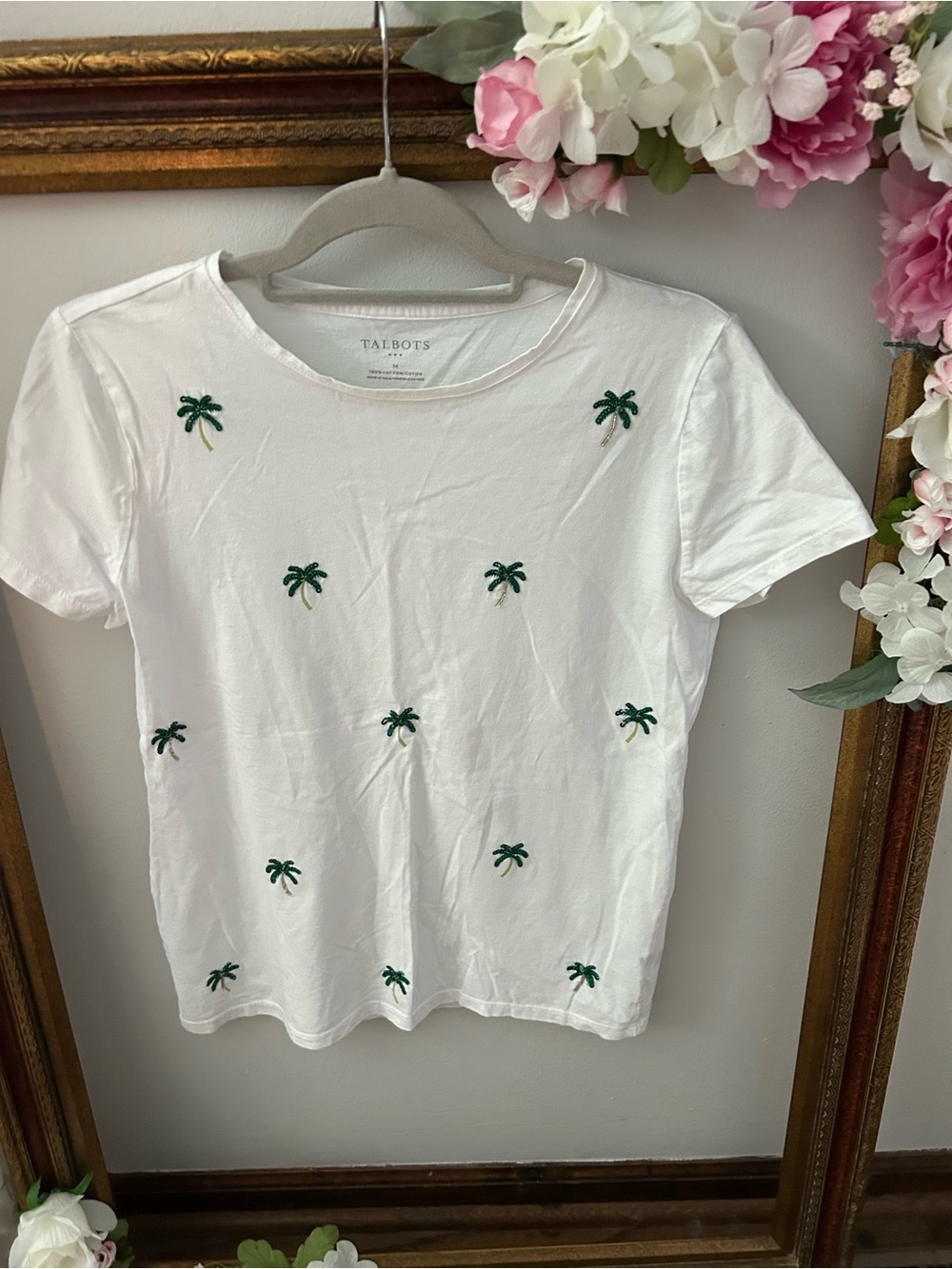 Talbots White Short-Sleeve Tee with Green Palm Sequins Design